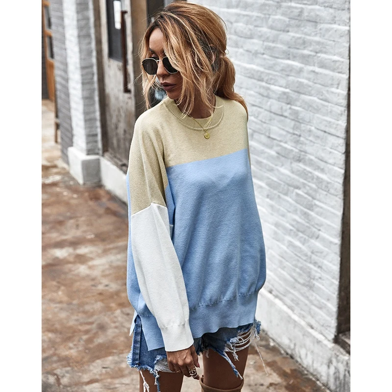 

Hot kf-Autumn Women Sweaters O-Neck Casual Loose Knit Tops Long Sleeve Patchwork Sweater Oversize Pullover