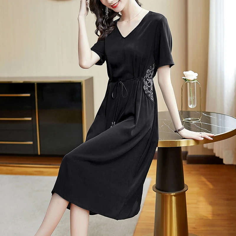 

COIGARSAM 3XL Plus Size Short Sleeve Women dress New Summer V-Neck Dresses Peacock Blue Black 7131