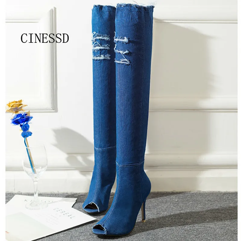 Ботфорты из джинсовой ткани летняя модная женская обувь на шпильке женские