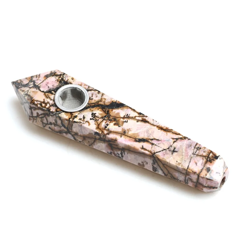 

Peach Blossom Stone Natural Tolgus Gemstone Tobacco Smoking Pipe Healing Wand with 3pcs Free Filters and Brush
