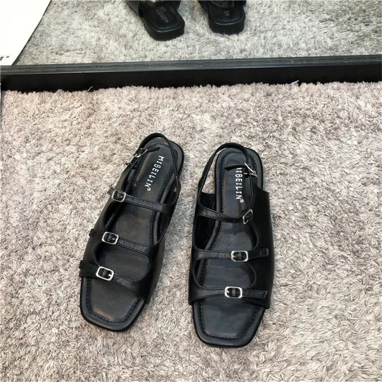 

Roman Sandals Female Summer New Retro Square Toe Open Toe 2021 Word Belt Buckle Ins Flat Student Sandals