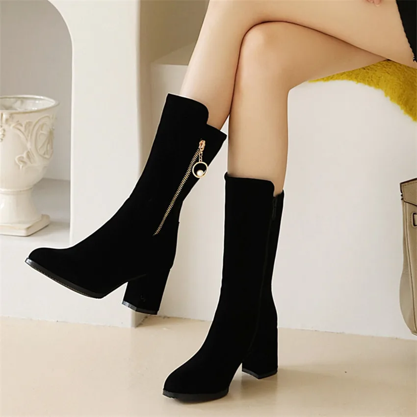 Демисезонные женские ботинки до середины икры на высоком каблуке Женские