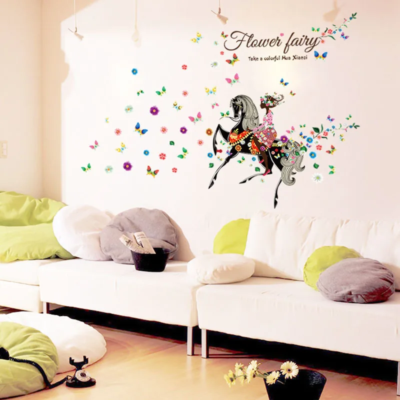 Цветок Фреска девушка рыцарь Черная лошадь декор для общежития домашнее