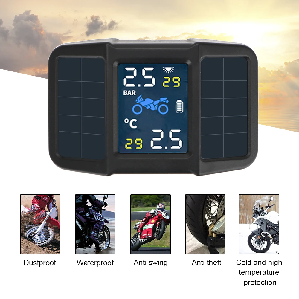 

Temperature Monitoring Alarm System Motor Tire Pressure Tyre With 2 External Sensors Motorcycle TPMS