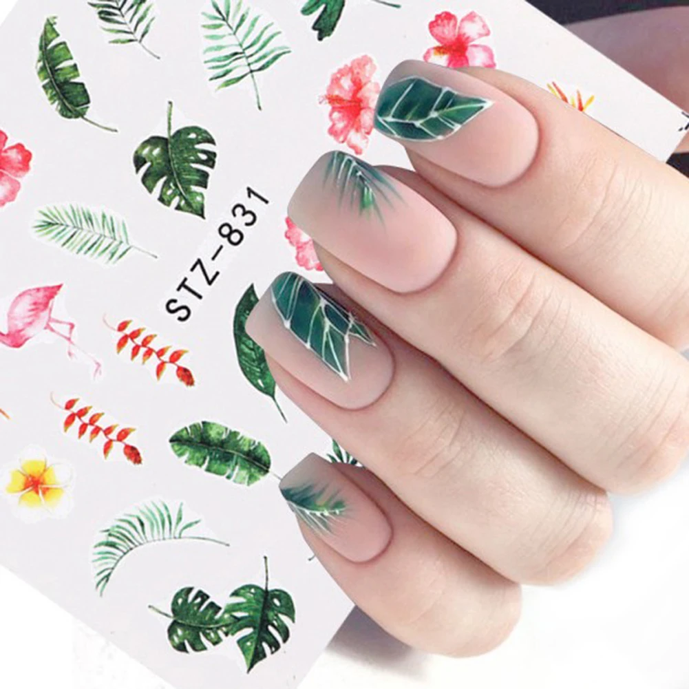 

22 Designs Nail Stickers Green Leaf Flamingo Flowers Cactus Water Decals Nail Art Decorations Wraps Flakes Sliders Manicure