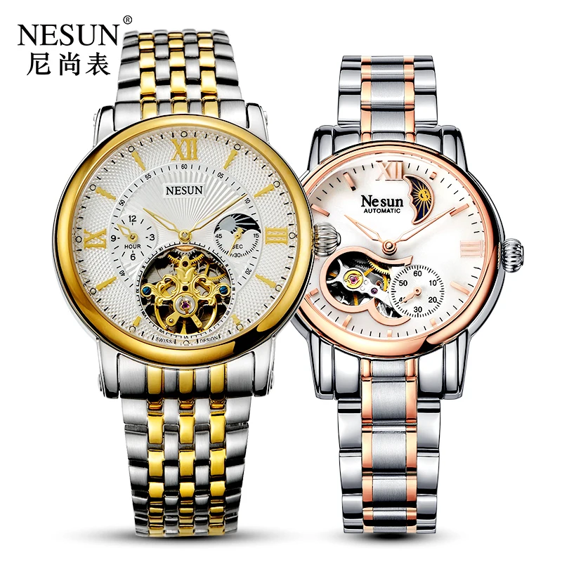 Швейцарские часы Nesun Hollow Tourbillon для мужчин и женщин, роскошные брендовые автоматические механические часы для пар, сапфировые часы N9091L
