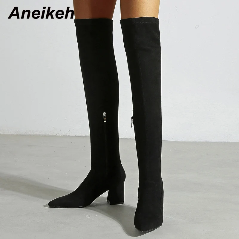 

Женские зимние сапоги выше колена Aneikeh, с острым носком, из флока, без шнуровки, короткие плюшевые сапоги на квадратном каблуке