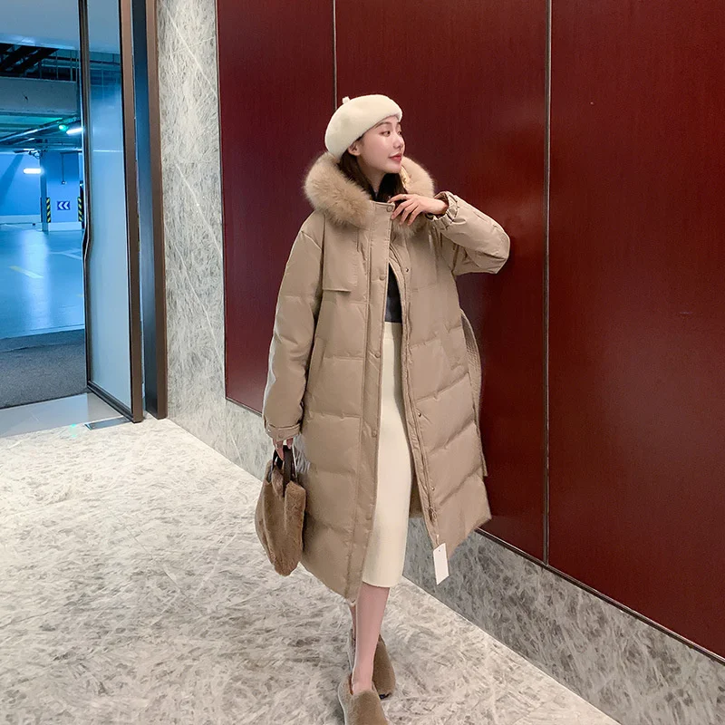 

Winter 2021 large wool collar long knee length Korean women's thickened loose thin warm cotton clothes coat belt