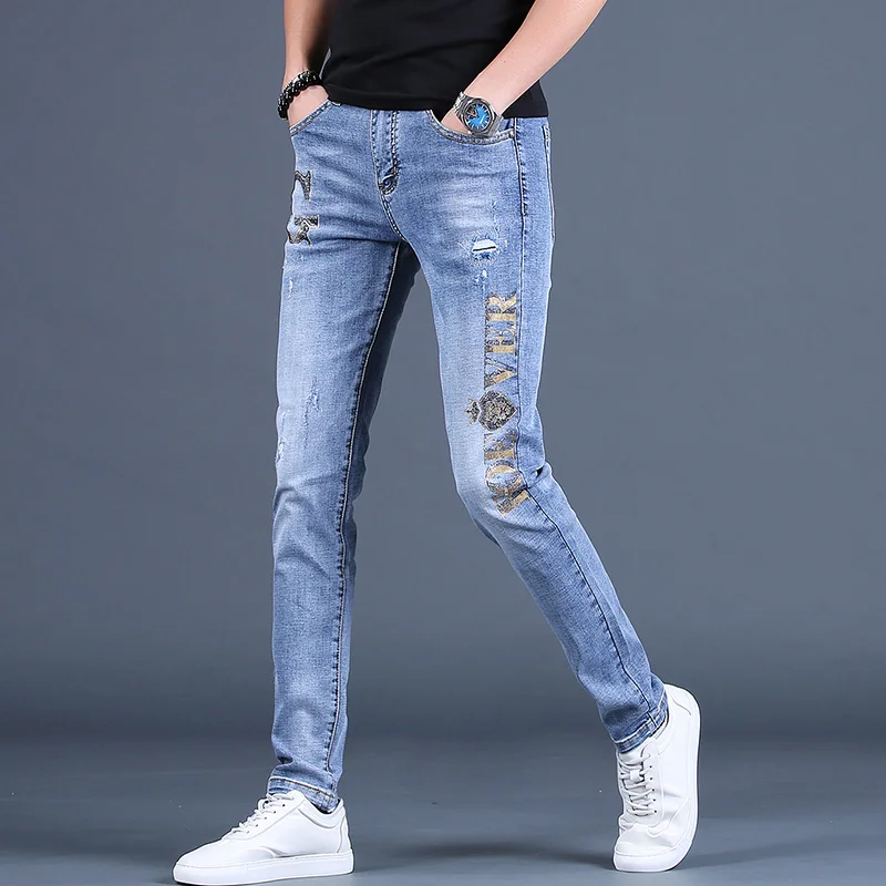 Summer Men Blue Ripped Jeans Fashion Rhinestones Slim Fit Pants Streetwear Casual Denim Trousers