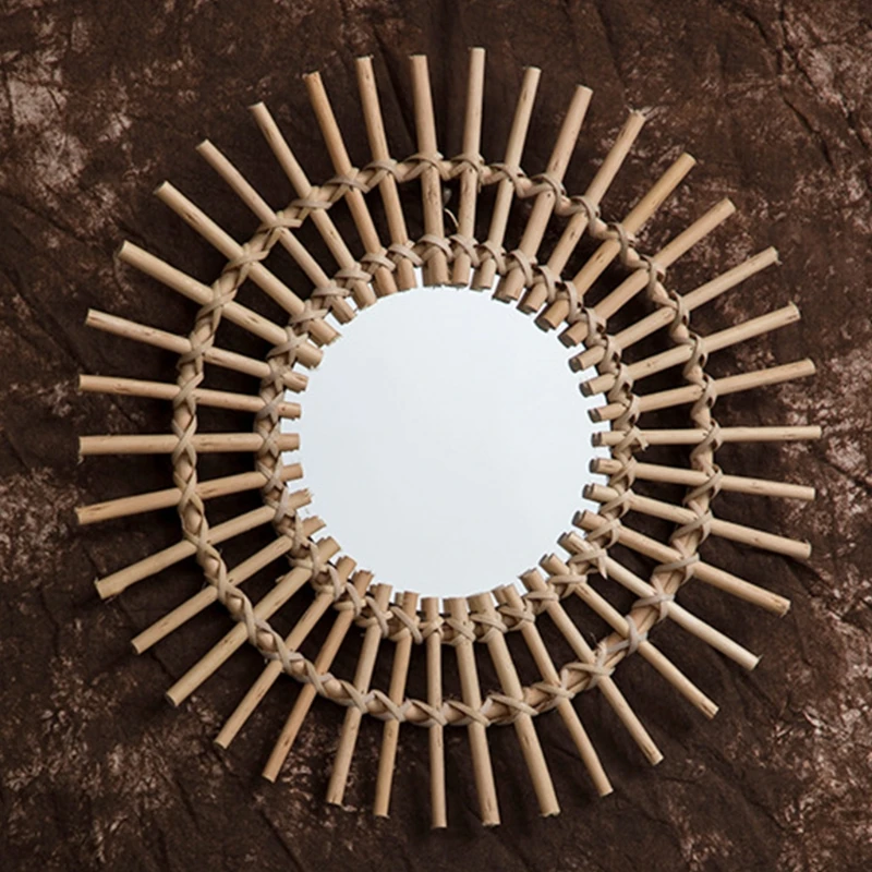 

New Rattan Innovative Art Decoration Round Makeup Mirror Dressing Bedroom Bathroom Wall Hanging Mirrors