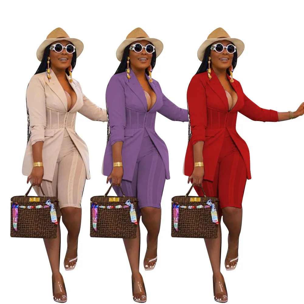 

Somoshein Two Pieces Clothes Vendors for Women Shorts Sets Temperament Professional Pure Color V Neck Wholesale Dropshipping