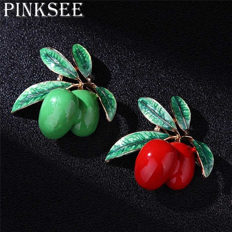 

Pinksee Originality Trendy Drop Oil Jujube Cherry Olive Branch Brooch Women Men Enamel Fruit Lapel Pins Buckle Jewelry Gifts