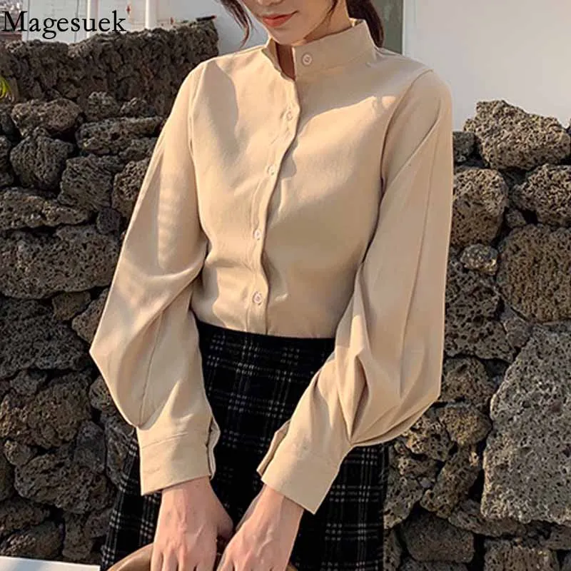

Autumn and Winter Round Collar Fashion Elegant Blouse Korean Lantern Long Sleeve Ladies Tops 2020 Clothes Women Shirts 11308