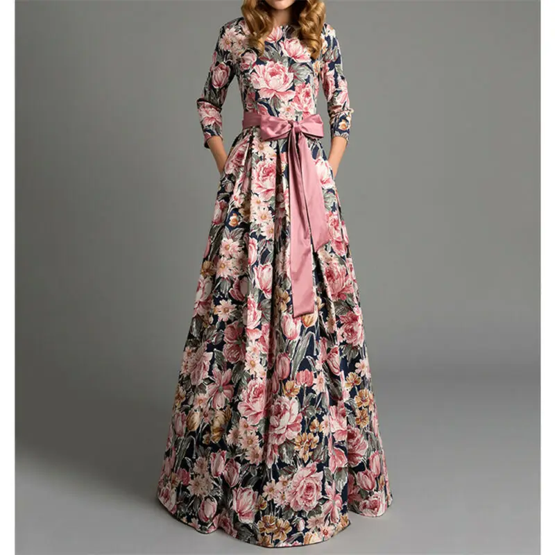 Женское летнее платье макси с длинным рукавом круглым вырезом цветочным принтом