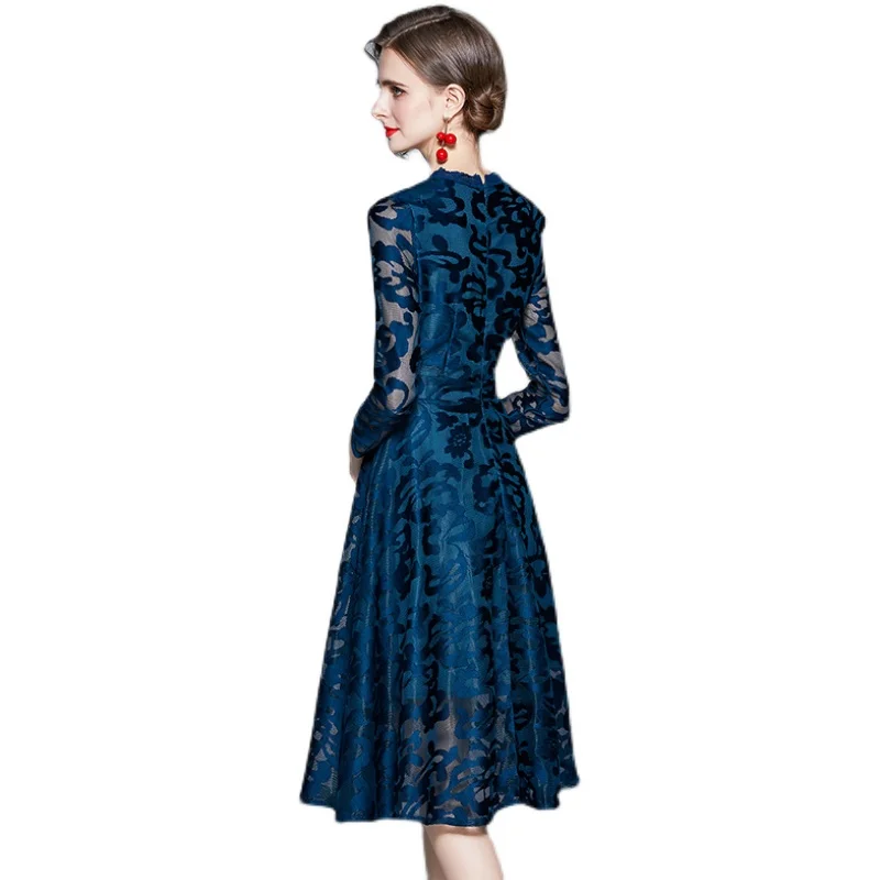 

New Elegant Vintage Fashion Women Lace Mesh Slim Tunic Dress Office Lady Long Sleeve Midi Dresses Evening Party Clothing