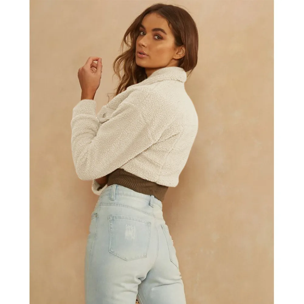 

Vintage Cashmere Crop Jacket Single Breasted Pocket Lapel Neck Solid Plush Coat Autumn Winter Short Outerwear