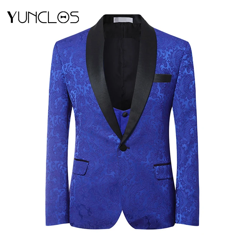 Синие мужские костюмы повседневные из трех частей черные жаккардовые с