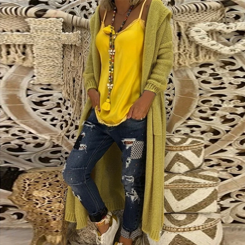 Женский длинный вязаный кардиган верхняя одежда с карманами и капюшоном осень 2019