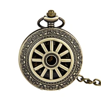 trendy vintage bronze wheel with black gold surface open cover pocket watch with chain