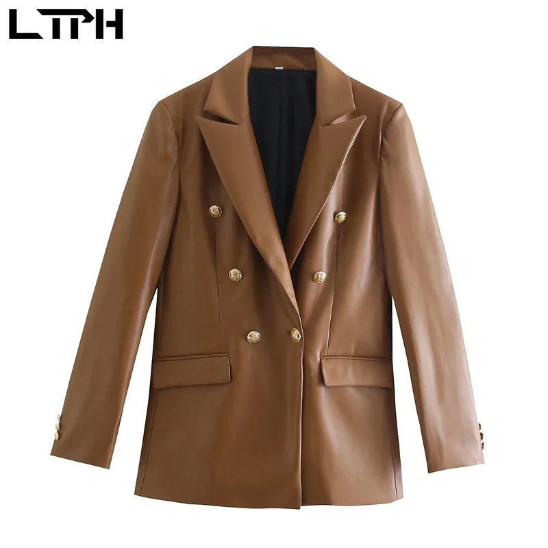 

LTPH винтажный блейзер из искусственной кожи, женский двубортный тонкий пиджак с длинным рукавом, офисное пальто высокого качества, новинка в...