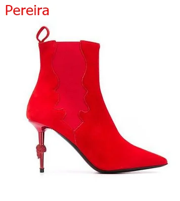 

New pointed leather women's boots fashion stiletto high heeled women's ankle boots metal decorative high heeled over shoes 42 43