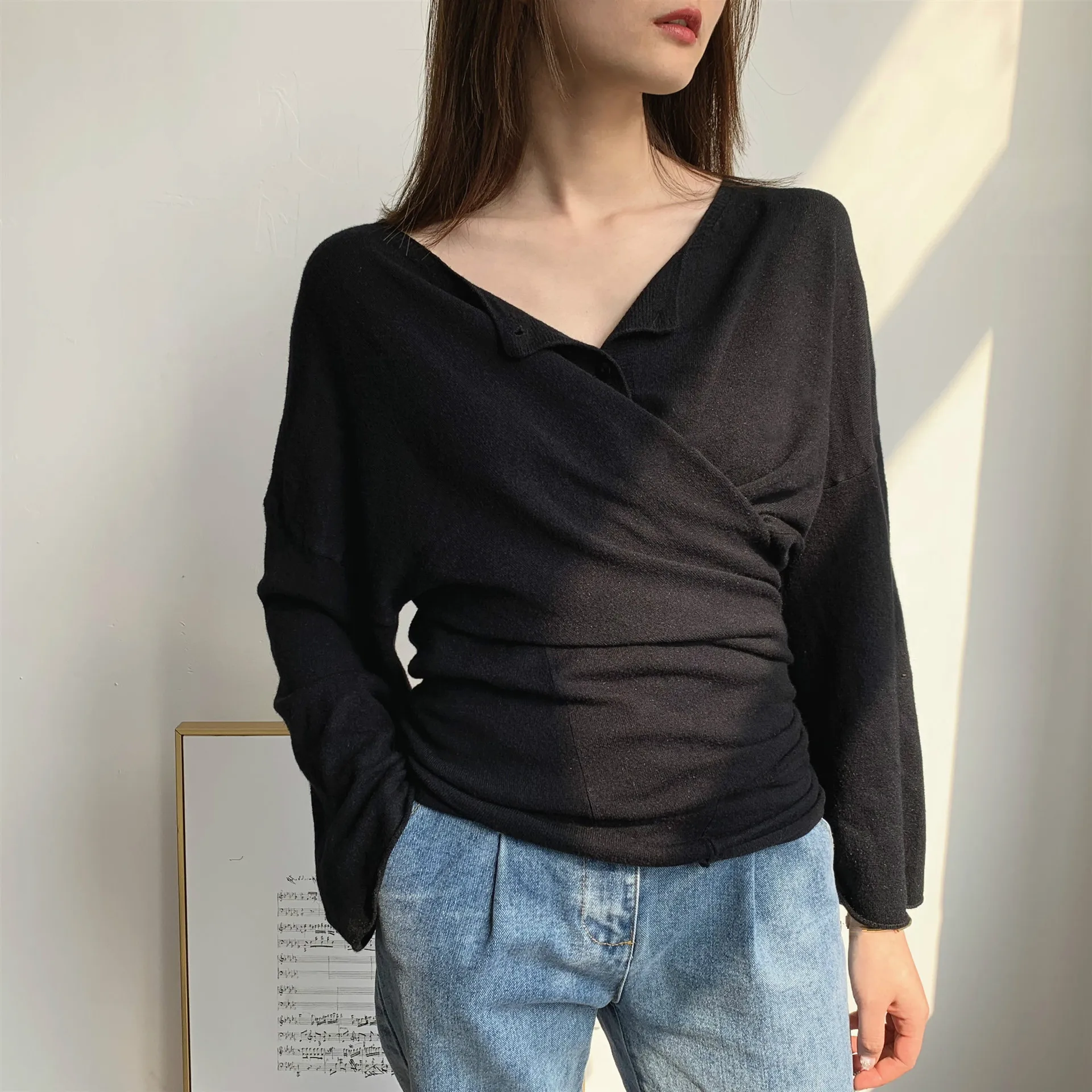 Весенний женский сексуальный трикотажный Свободный кардиган с квадратным