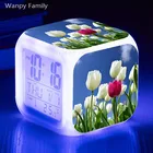 Будильник цифровой детский с белыми тюльпанами, многофункциональный светодиодный Будильник с большим экраном, подарок на день рождения, электронные часы, 7 цветов