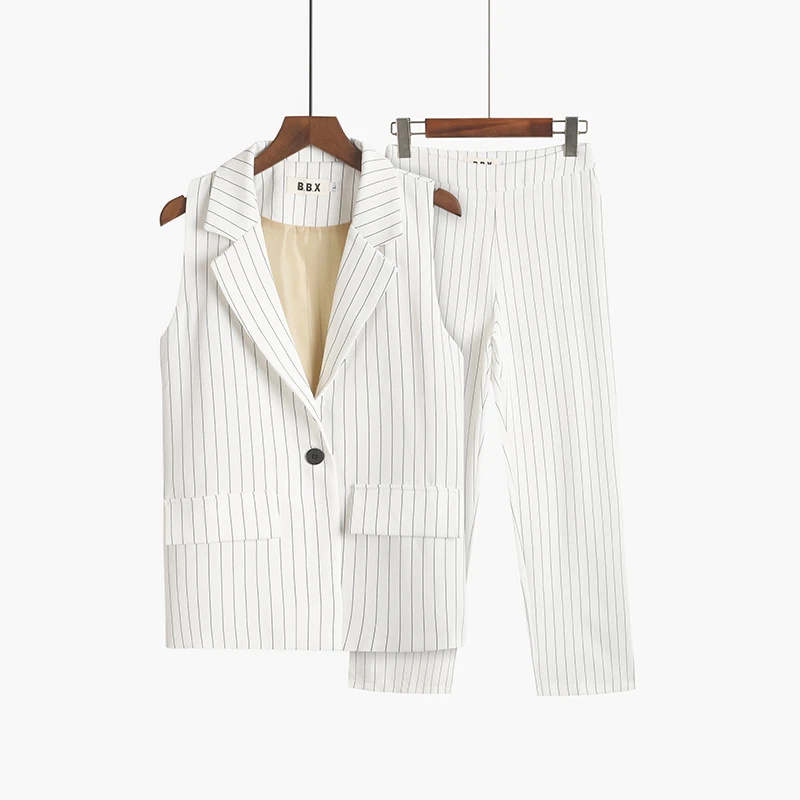 

HziriP 2019 Work Wear Elegant Pants Suit 2 Piece Set Women Striped Vest Blazer & Pants Office Lady Notched Jacket Formal Sets