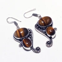 genuine tiger eye silver overlay on copper earrings hand made women jewelry gift e5378