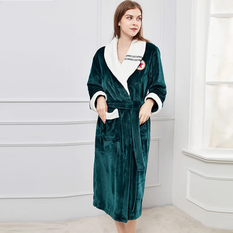 Women's nightgown thickened and lengthened in autumn and winter. Couple bathrobes flannel men's home clothes-6