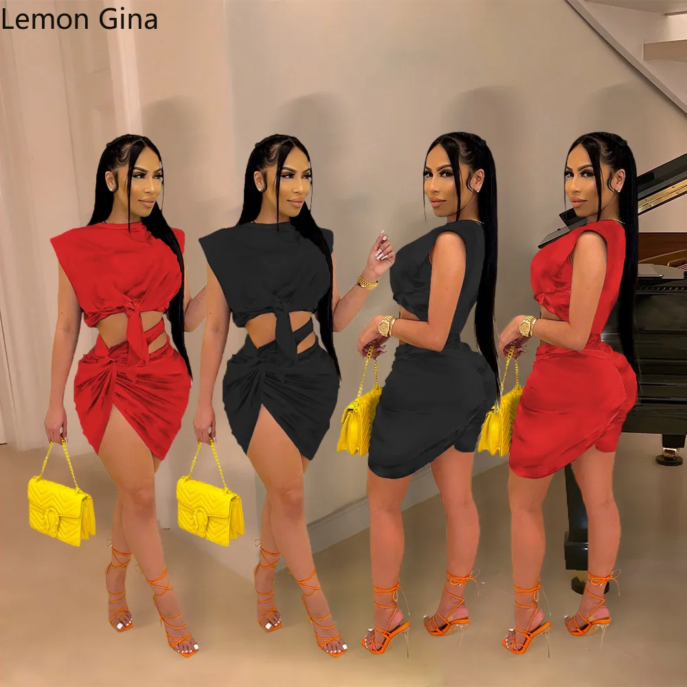 Однотонное ажурное Плиссированное Клубное платье Lemon Gina на завязках комплект из 2