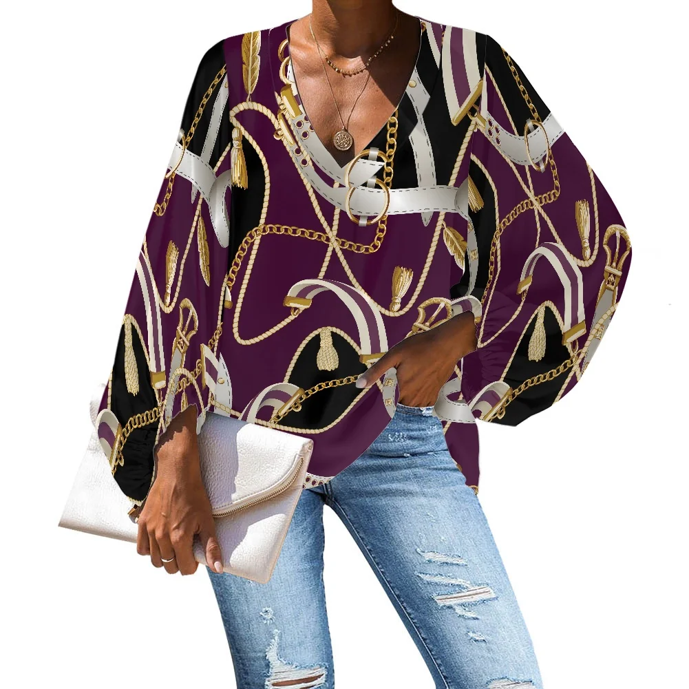 

Женский шифоновый топ с длинным рукавом, бесшовная винтажная рубашка в стиле барокко с золотым узором и V-образным вырезом, летняя одежда в к...