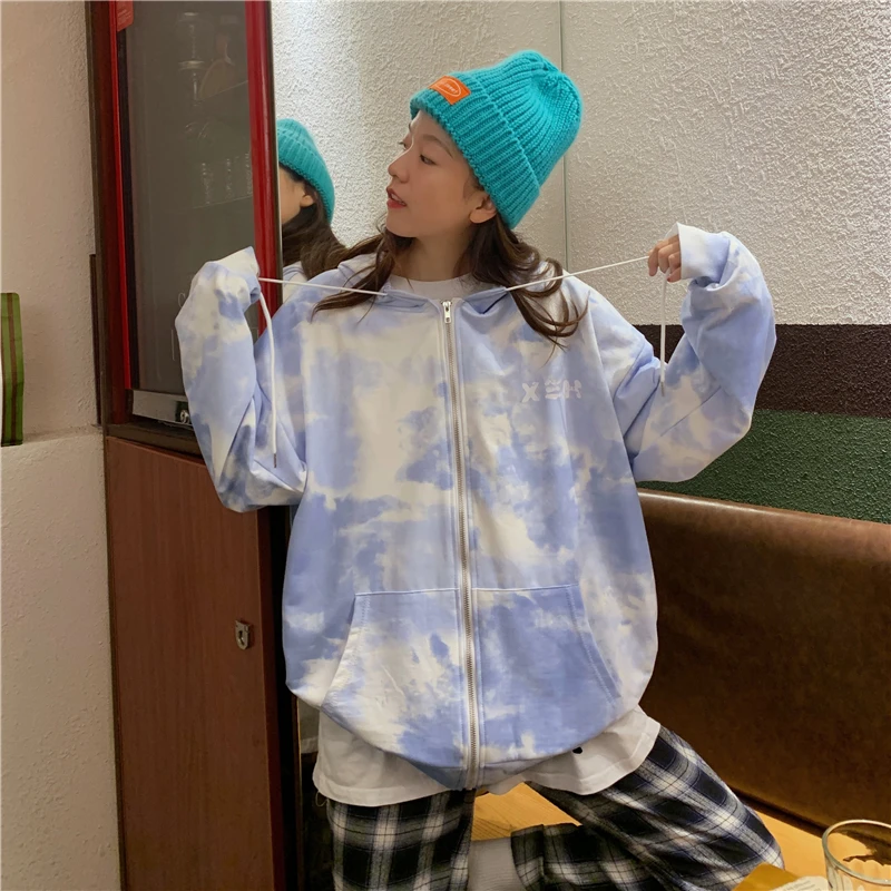 

Zip-up autumn winter women hoodies pockets Oversized jacket female clothes Harajuku Tie Dye hoody cotton Streetwear coats