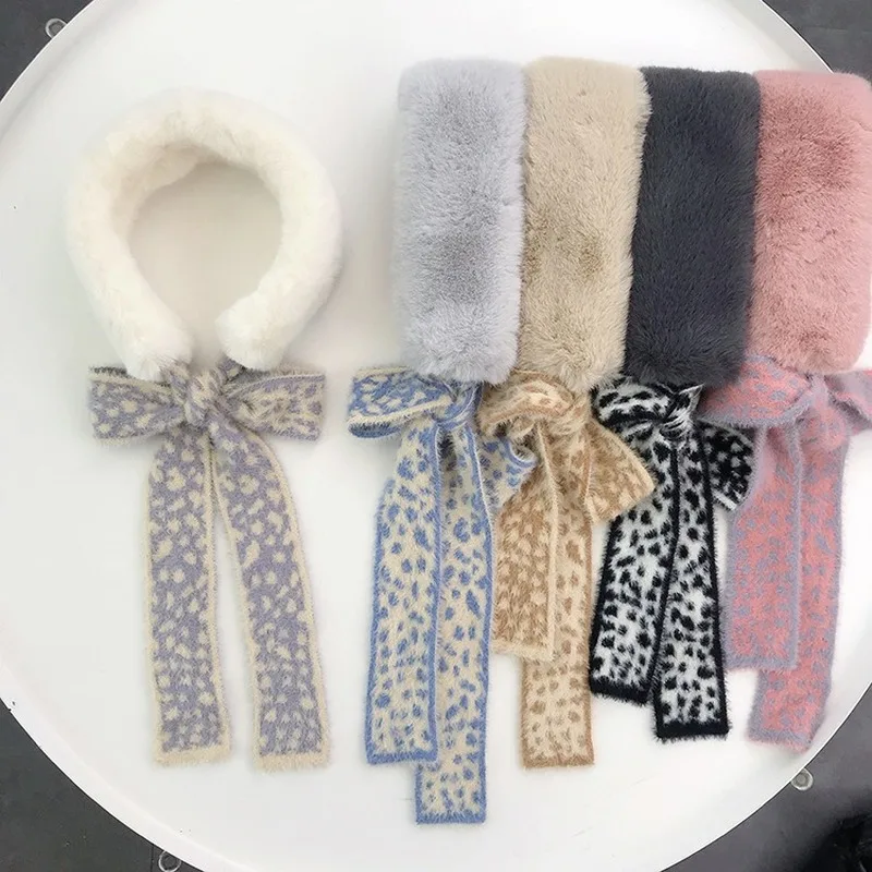 

High Quality Brand Woman Scarf Leopard Grain Belt Mink Plush Scarves Thicken Neckerchief Fur Collar Hair Scarf Fashion Accessory