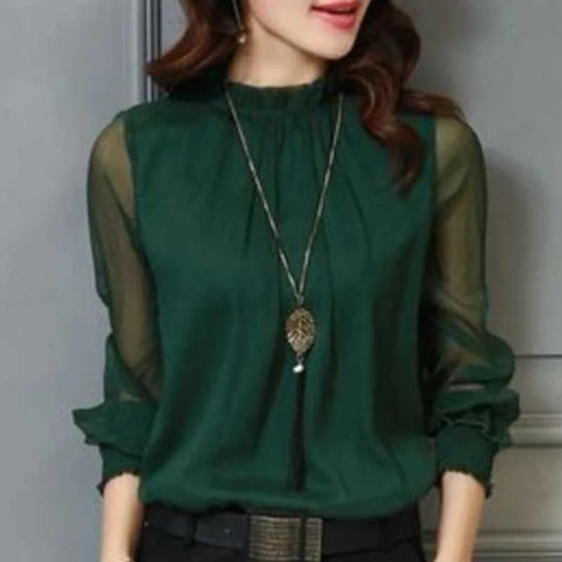 

DSTWJMX Women Spring Chiffon Blouse Long Sleeve Stand Collar Double Layer Stylish Slim Blusas New Ruffles Solid Casual Shirts