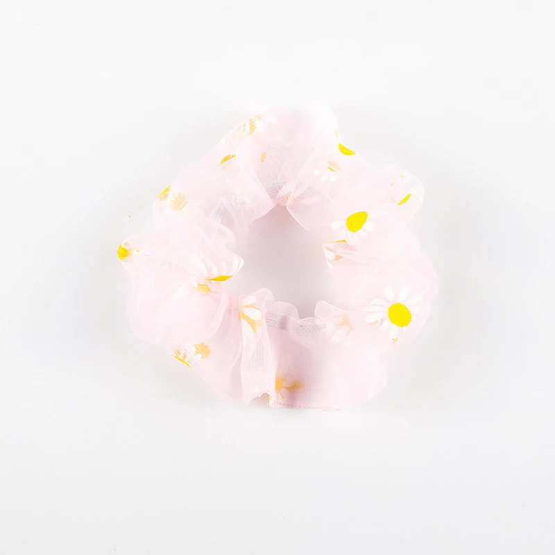 

Korean Printing Daisy Flowers Mesh Scrunchies Women Romantic Pink Hair Rope Transparent Tulle Organza Hair Tie Hair Accessories