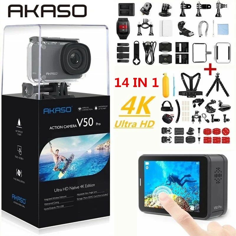AKASO V50 Pro родная 4 K/30fps 20MP WiFi Экшн-камера EIS с сенсорным экраном 30m Водонепроницаемая Спортивная камера 4k с поддержкой внешнего Micro