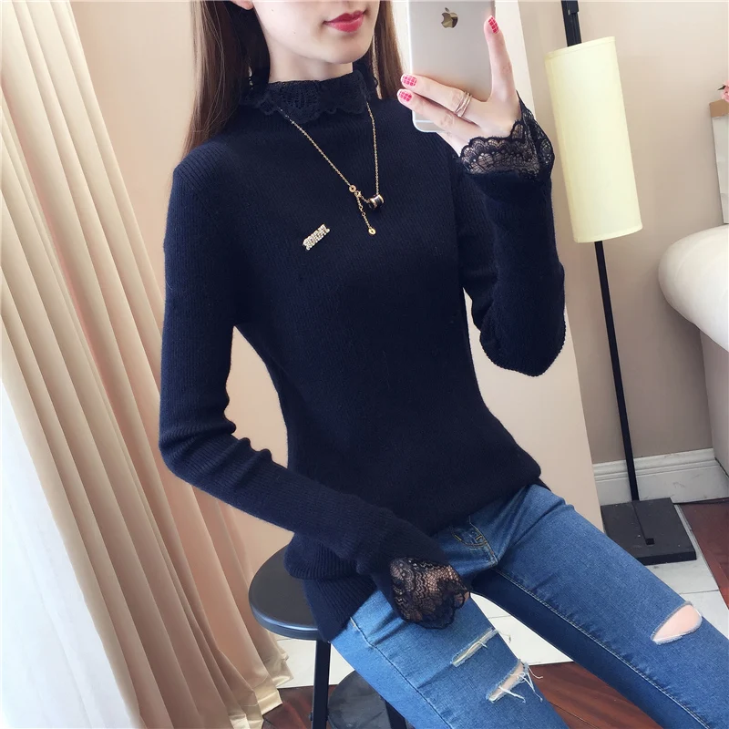 

1357140 [5 rooms, 6 rows, 4 sizes up] New Lace splicing sleeve solid color Pullover bottoming sweater2019jd