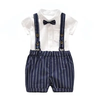 good quality casual wear bow tie gentleman male baby short sleeve cotton fashion infant child suit striped bib boy clothes