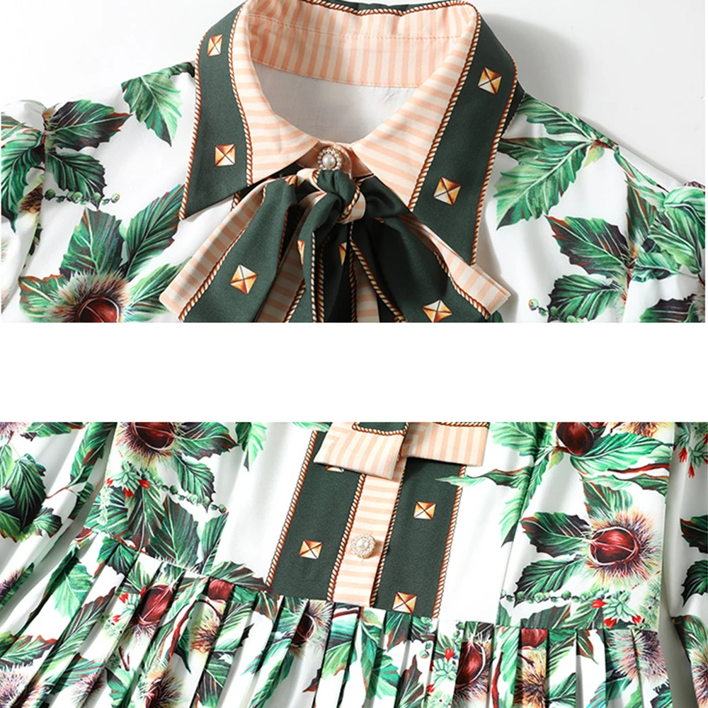 

Autumn Women Runway Green Leaves Pleated Dress Women Elegant Long Sleeve Lace up Tie Floral Print Holiday Beach Dress