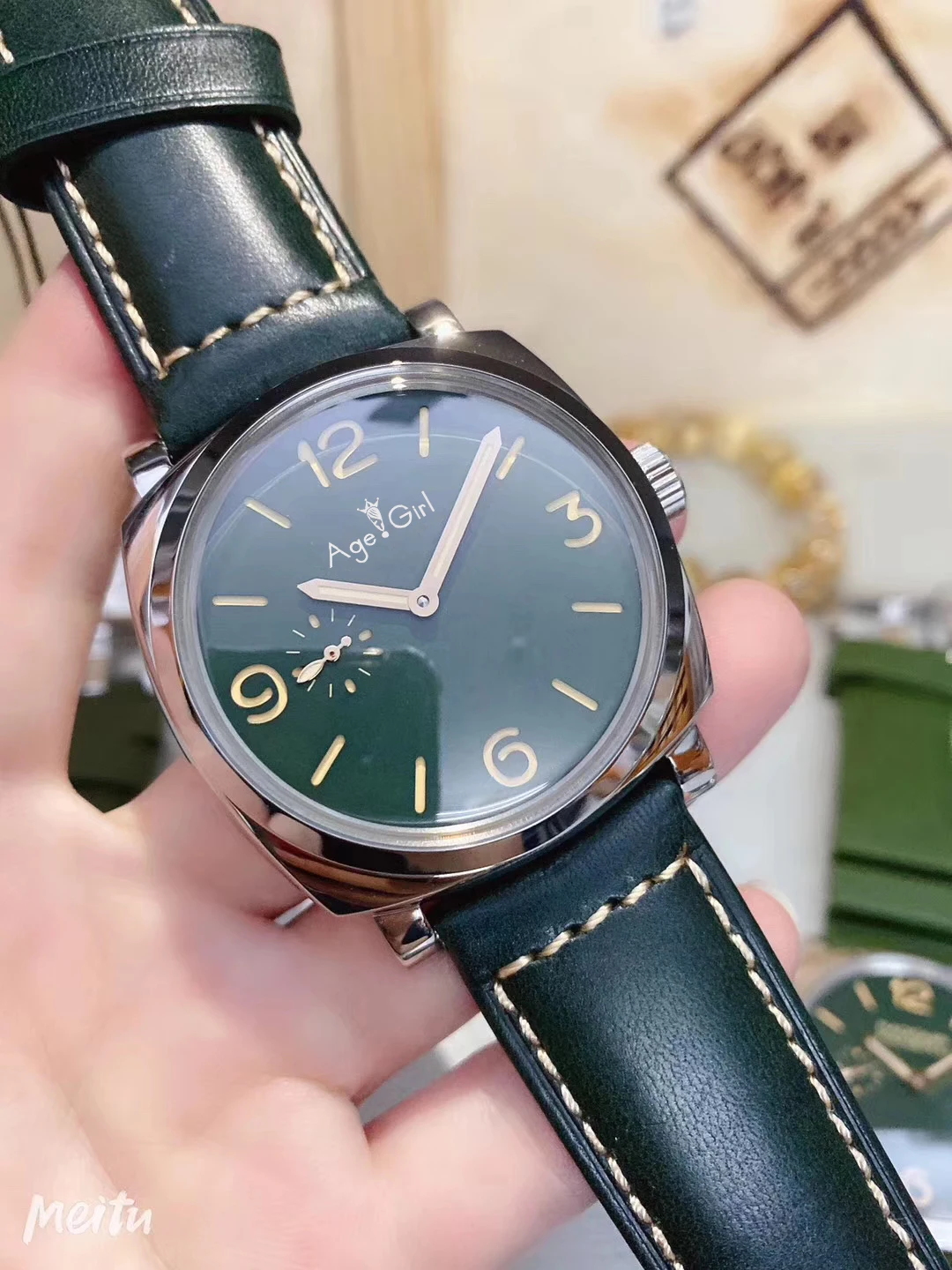 

Classic New Men Automatic Mechanical Stainless Steel Sapphire Black Leather Green Rubber Watch No Date 1950 Luminous 44mm