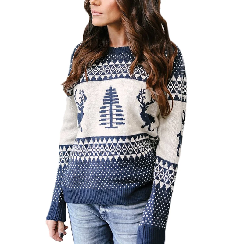 

Christmas Women Long Sleeve Sweater Loose Fit Knitted Xmas Print Jumper Pullover Woman Sweaters Casual Festival Clothes Tops
