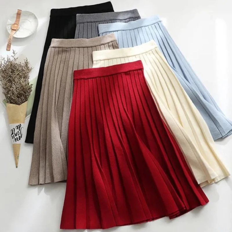 

Autumn Cashere Blend A-line Pleated Midi Skater Skirts Elastic Waist Sweet Calf Length Knit Skirts Red Blue