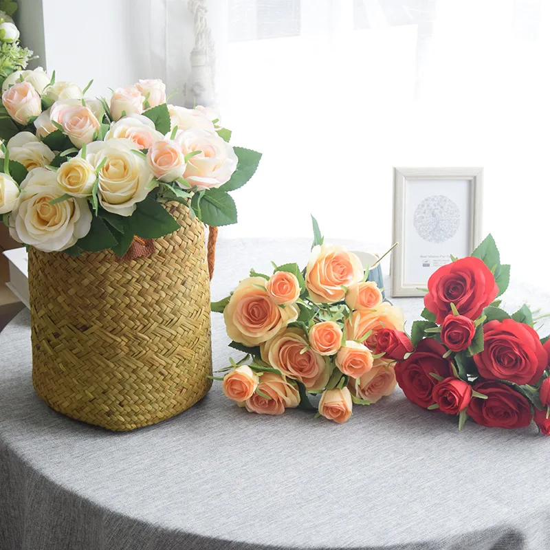 

Artificial rose flower double head Bulgarian fake flower dining table rose flower set fake flower soft dress floral bouquet
