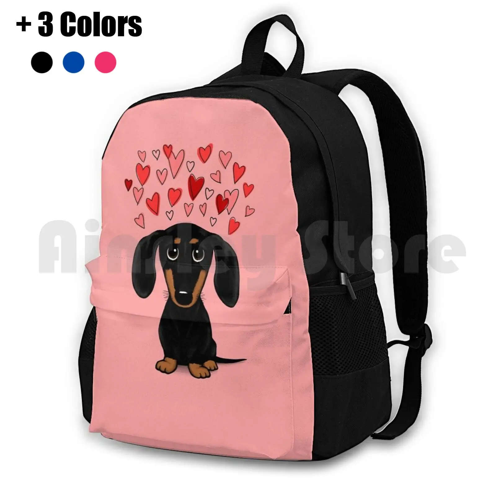 

Black And Tan Dachshund With Valentine Hearts | Cute Cartoon Wiener Dog Outdoor Hiking Backpack Waterproof Camping Travel