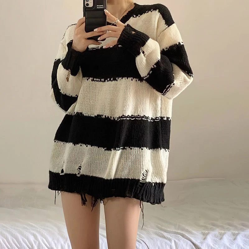 

Streetwear Y2 Stripe Aesthetic Knitted Sweater Long Sleeve Loose Grunge Pullovers Kawaii Harajuku Tee Women Chic Korean Autumn