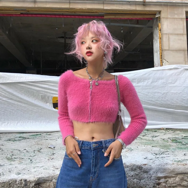 Вязаный кардиган свитер осень 2020 Розовый Пушистый Тонкий вязаный короткий топ с