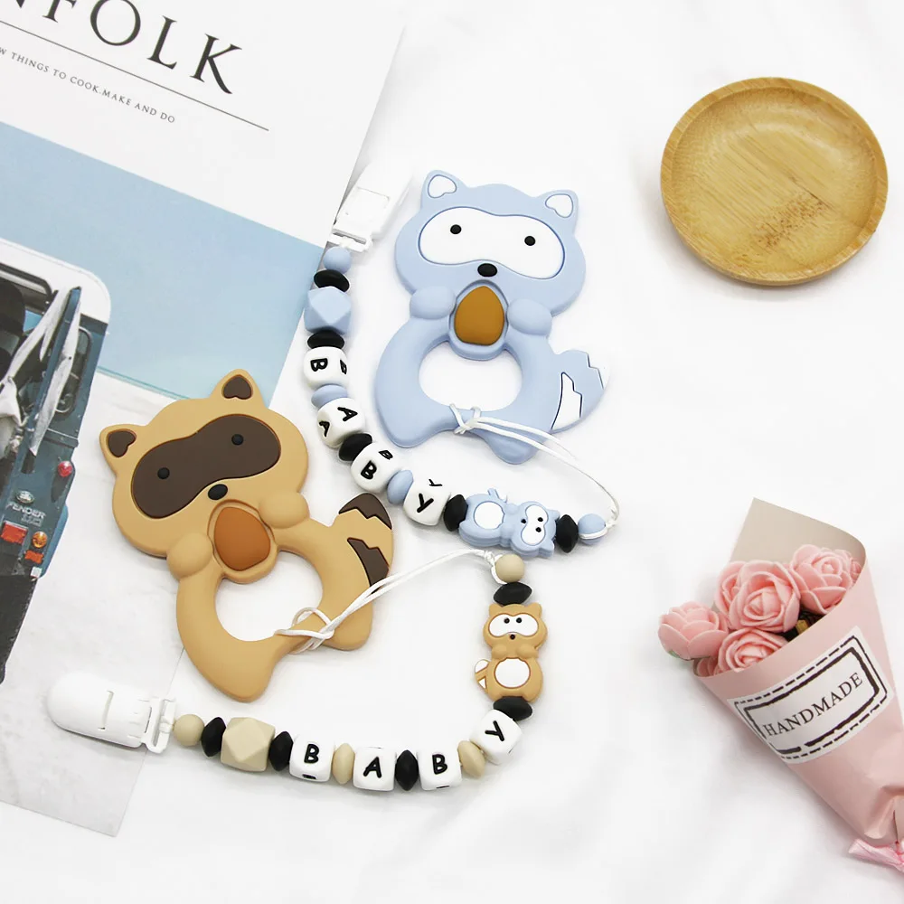 Cute-idea 1Pcs Baby Raccoon Silicone Beads Toys Boy Girl Baby Personalized Name Pacifier Holder Chain Baby Teething Teether