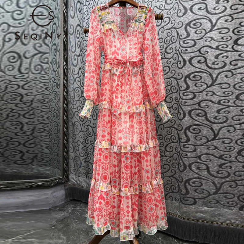 

Женское шифоновое длинное платье SEQINYY, летнее, весеннее, модное, дизайнерское, подиумное, розовое, с винтажным цветочным принтом и бисером, П...
