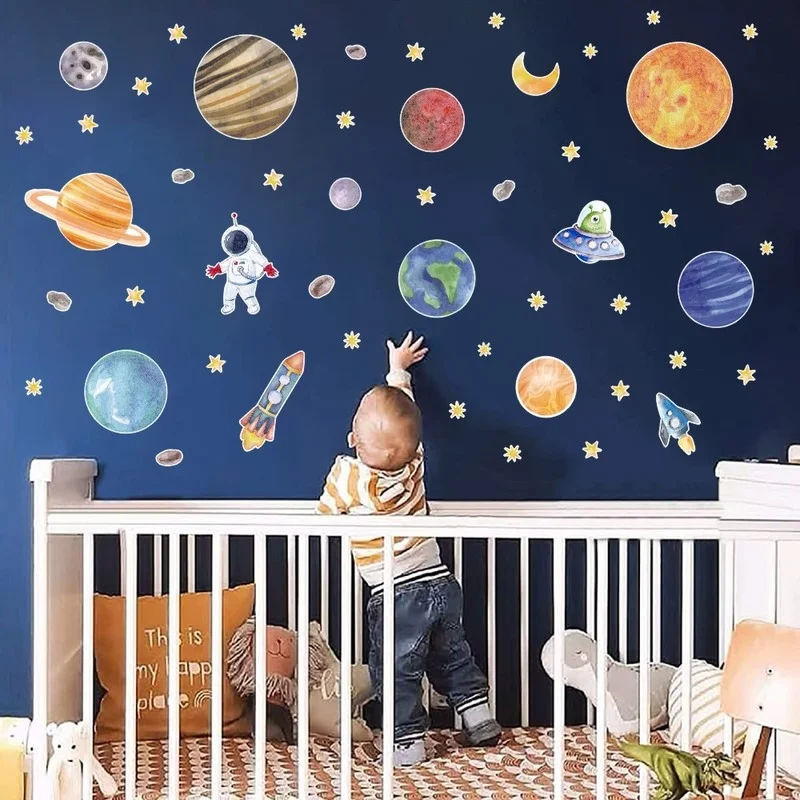 

Cartoon Planet Wall Stickers Self Adhesive Nine Planets Stickers UFO Astronaut Rocket Children's Room Decoration Wall Stickers